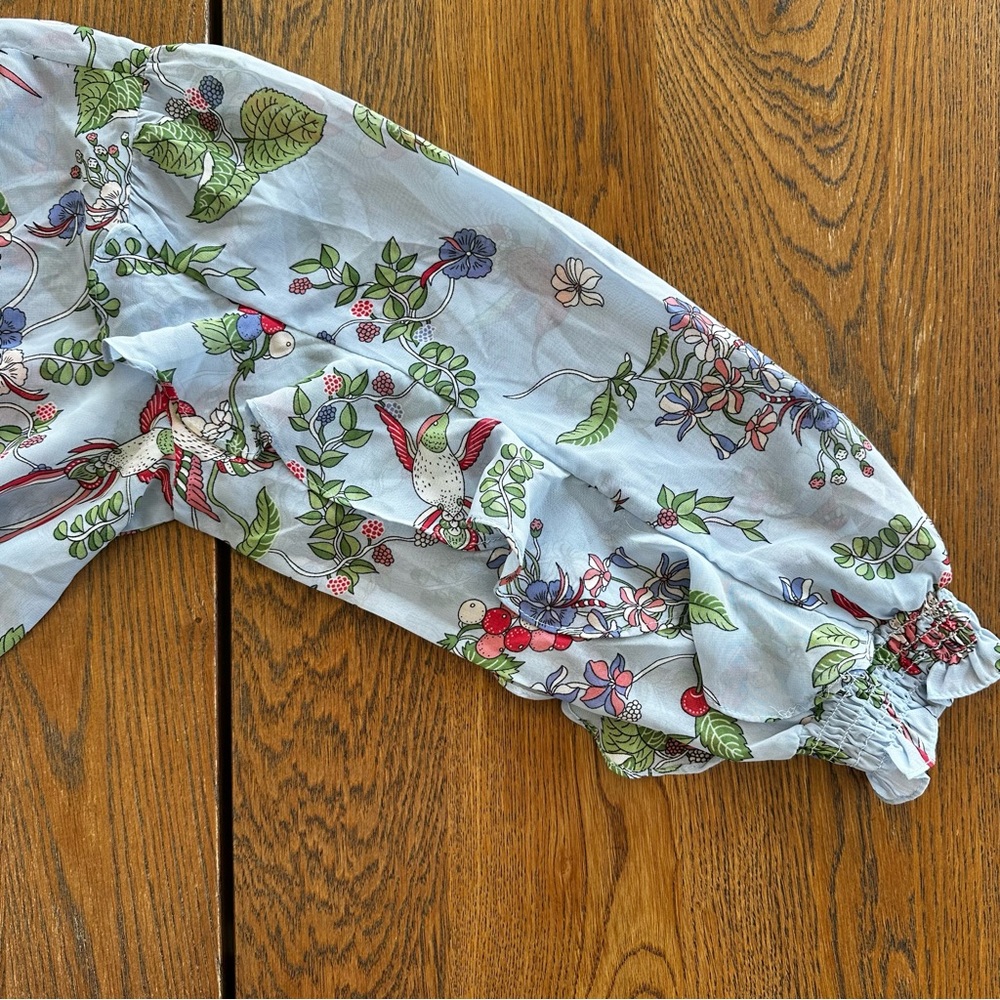 Nanette Lepore Light Blue Floral Hummingbird Ruffle Sleeve Spring Brunch Women - Picture 5 of 10